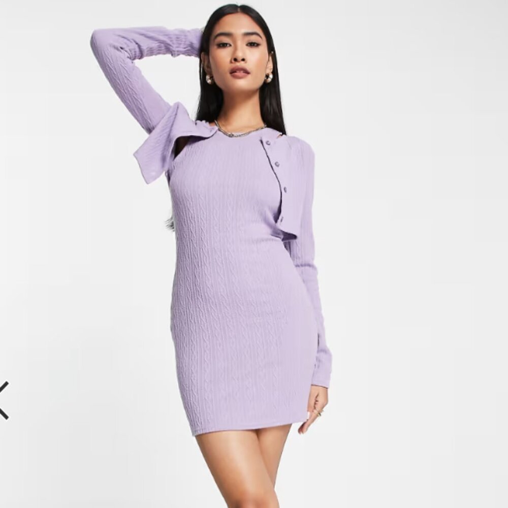 ASOS DESIGN 2-in-1 Cable Knit Mini Dress & Cropped Cardigan, Purple - Size 6